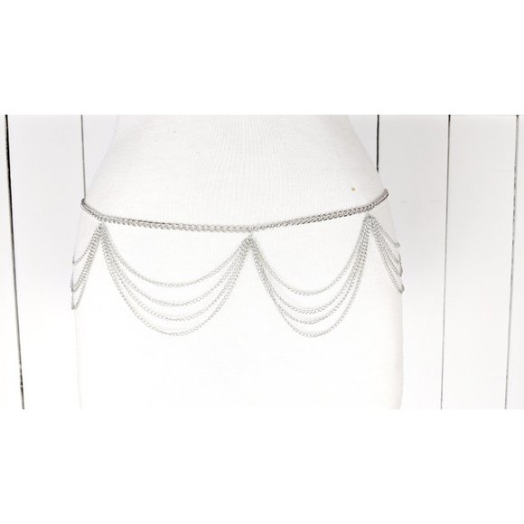 Silver metal triple multi layer lightweight chain link hip belt - Picture 2 of 5